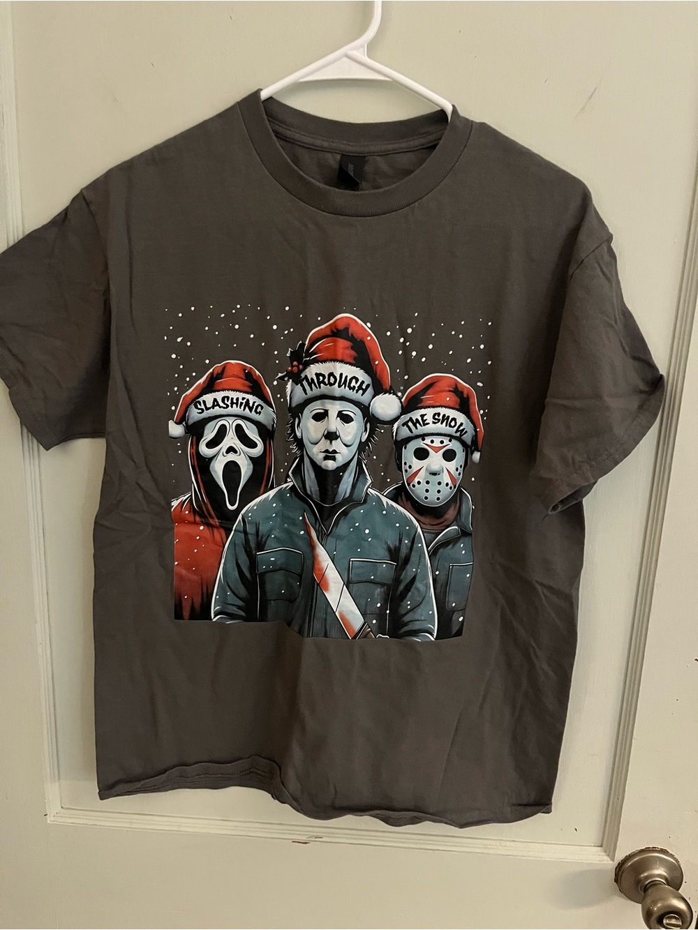Gildan Gray Unisex Holiday Horror Trio Graphic Tee with Red Accents
